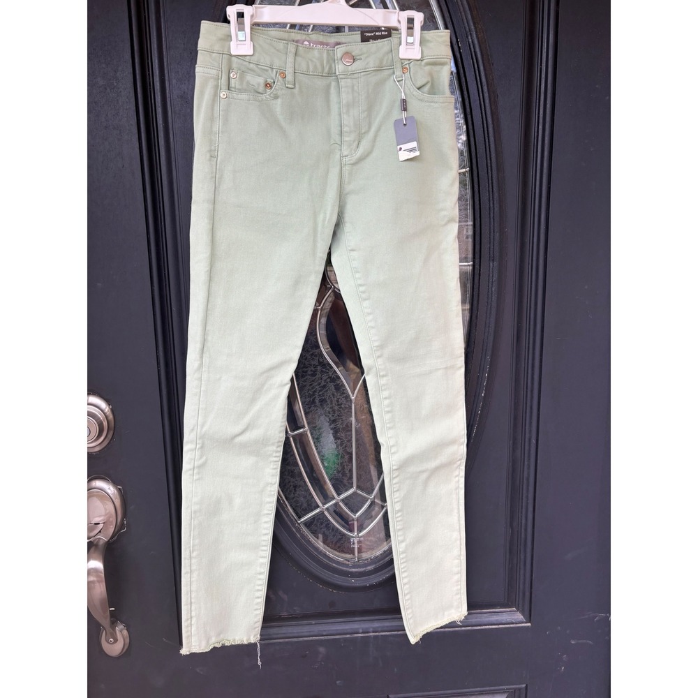 Tractr Diane Mid Rise Slim Fit Sage Green Raw Hem Jeans Girls Size 14 NEW